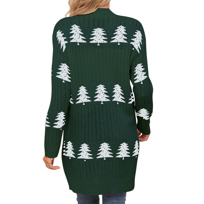 Womens Christmas Tree Pattern Long Cardigan Winter Open Front Knit Sweater